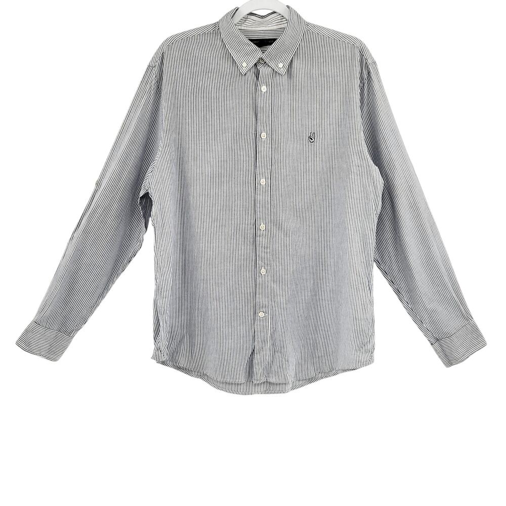 John Varvatos Star U.S.A. White & Blue Striped Button Up Shirt Mens M Peace Logo